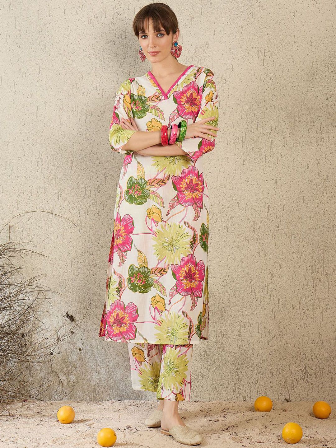 Dhiyona IE Women Printed V-Neck Cotton Top and Trousers Co-Ords