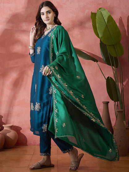 Teal Floral Embroidered V-Neck Zari Straight Kurta With Trousers And Dupatta