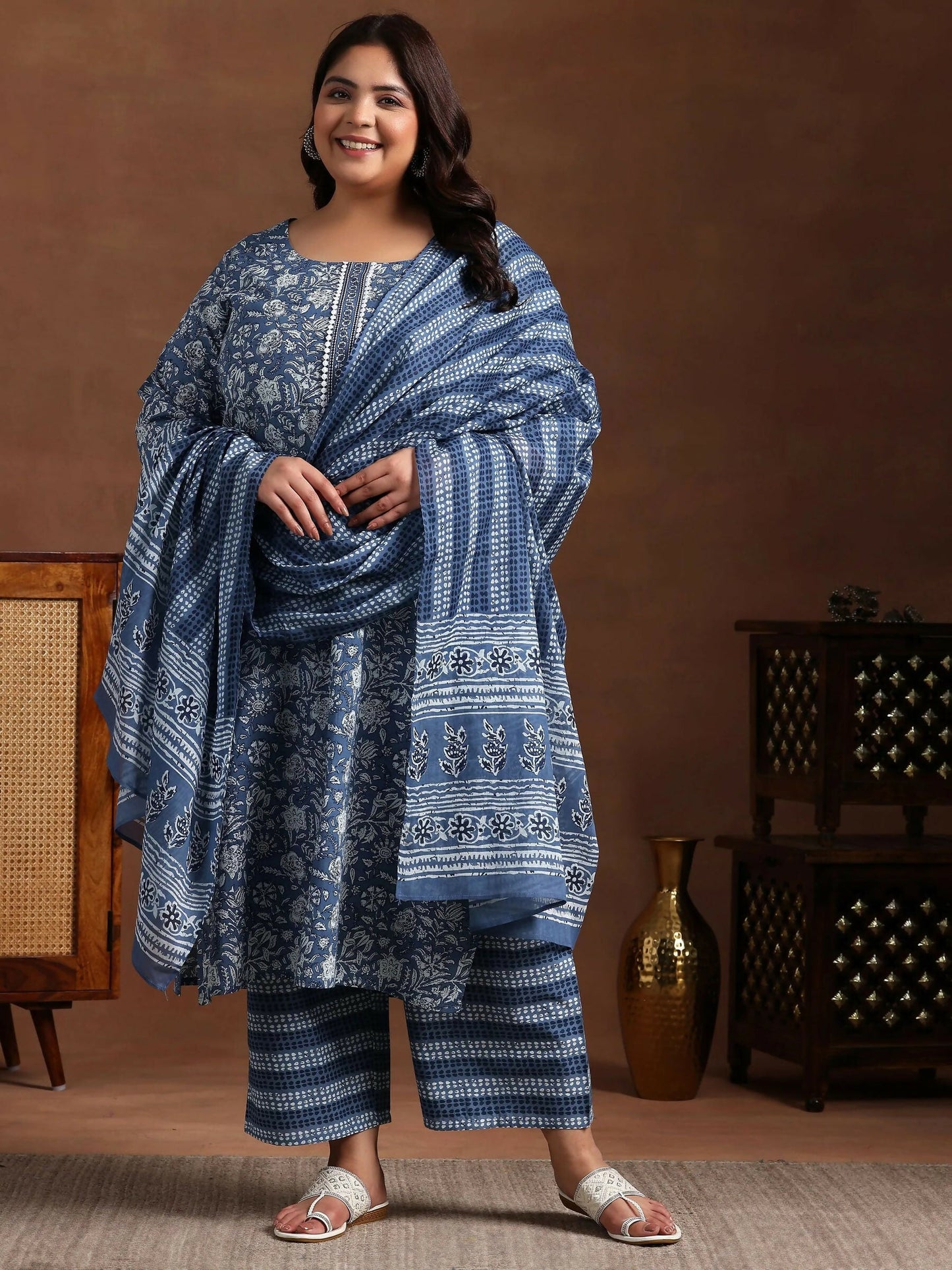 Women's LB Plus Size Blue Printed Cotton Straight Suit With Dupatta