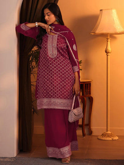 Dhiyona LL Women Embroidered Regular Zari Kurta with Palazzos & With Dupatta