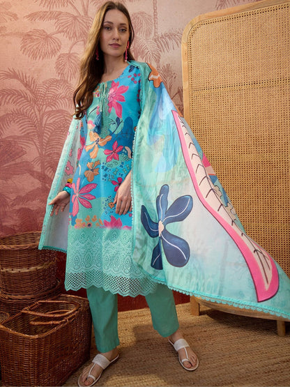 Floral Printed Round Neck Lace Hem Kurta & Trousers With Dupatta