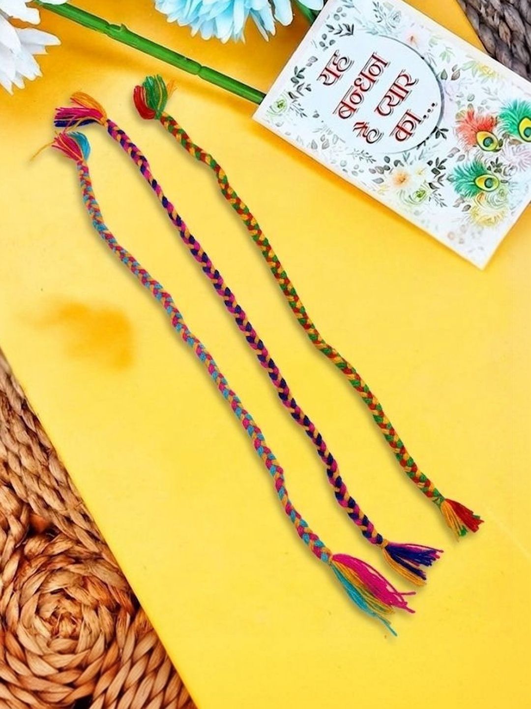Dhiyona Set Of 3 Multicolor Thread Rakhi With Roli Chawal Chandan Mishri
