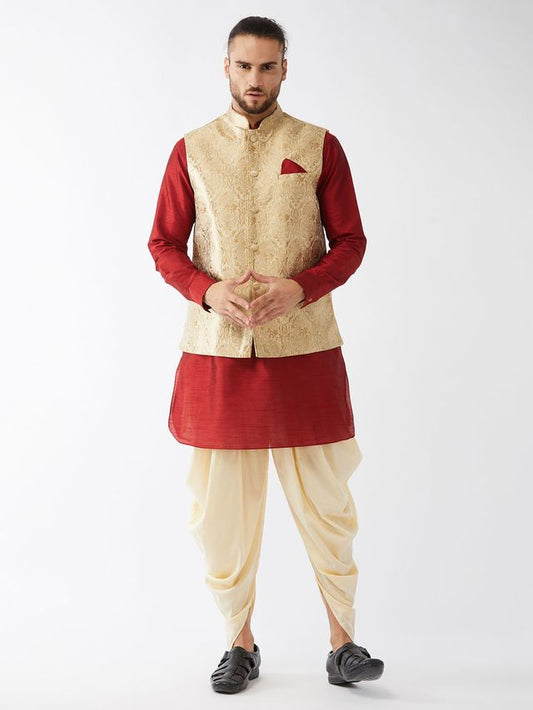 Men's Maroon Silk Blend Straight Jacket  Kurta and Dhoti Set