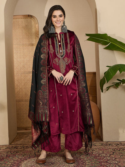 Embroidered Velvet Mandarin Collar Kurta With Trousers & Dupatta