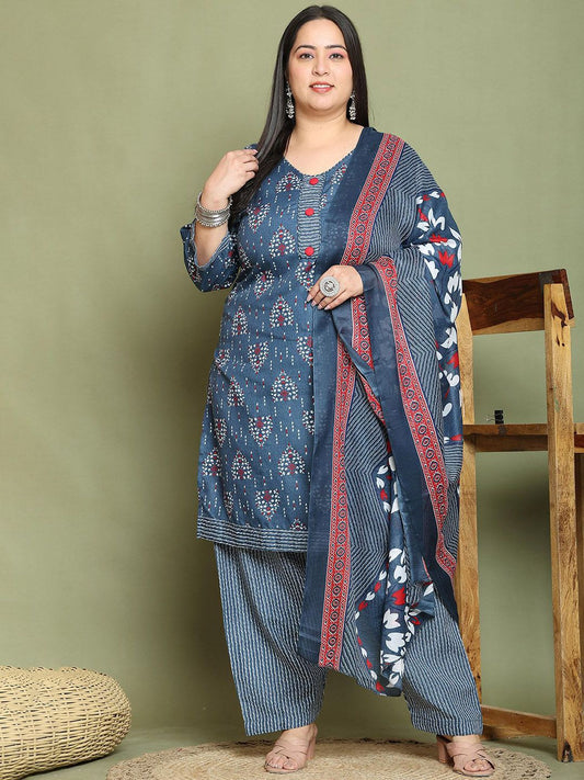 Dhiyona KL Women Plus Size Floral Printed Kurti with Salwar & Dupatta