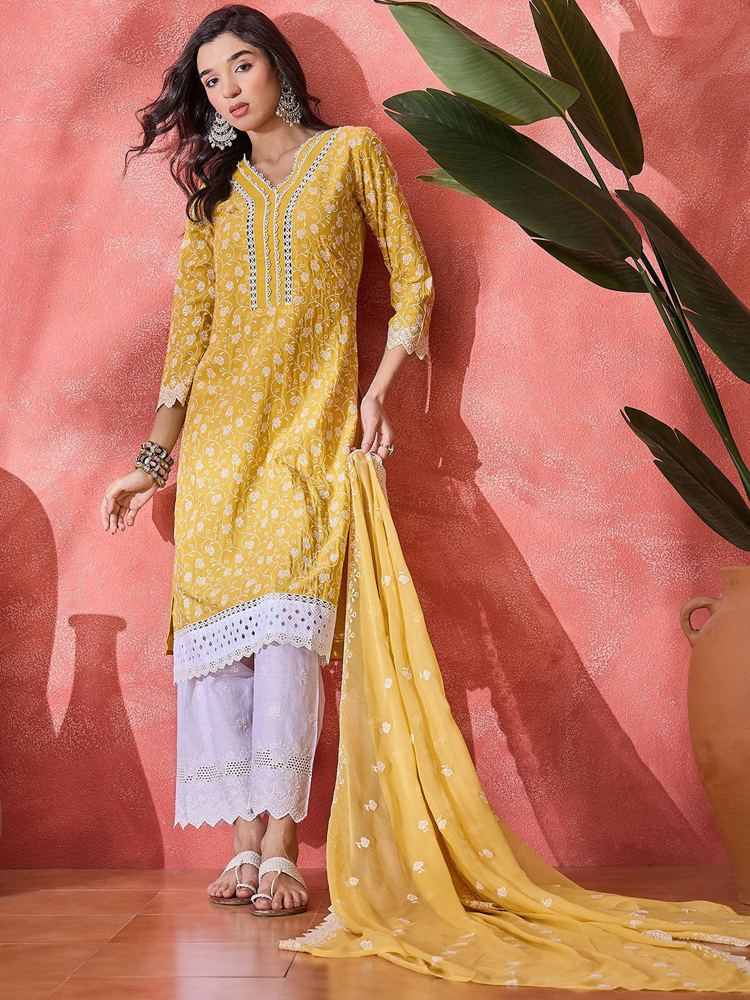 Women Floral Embroidered Cotton Kurta with Trousers & Dupatta