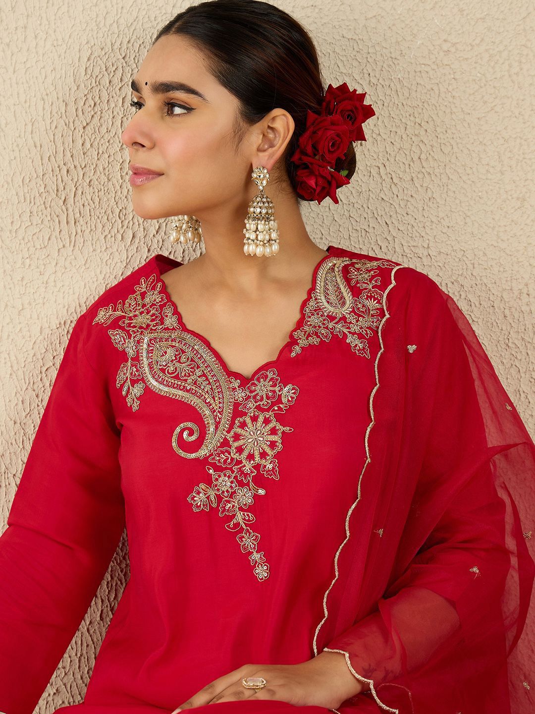 Dhiyona IE Paisley Embroidered Sequinned Liva Straight Kurta With Trousers & Dupatta