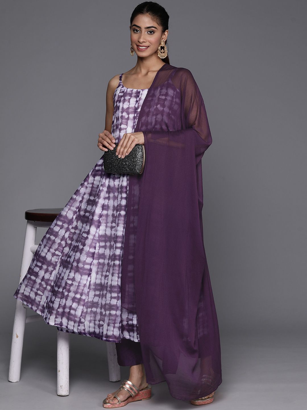 Dhiyona VA Women'sAbstract Printed Panelled Chanderi Silk A-Line Kurta With Trousers & Dupatta