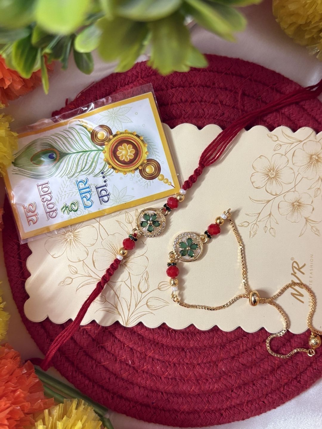 Dhiyona Set Of 2 Ad Drawstring Bhaiya Bhabhi Rakhi With Roli Chawal Chandan Mishri