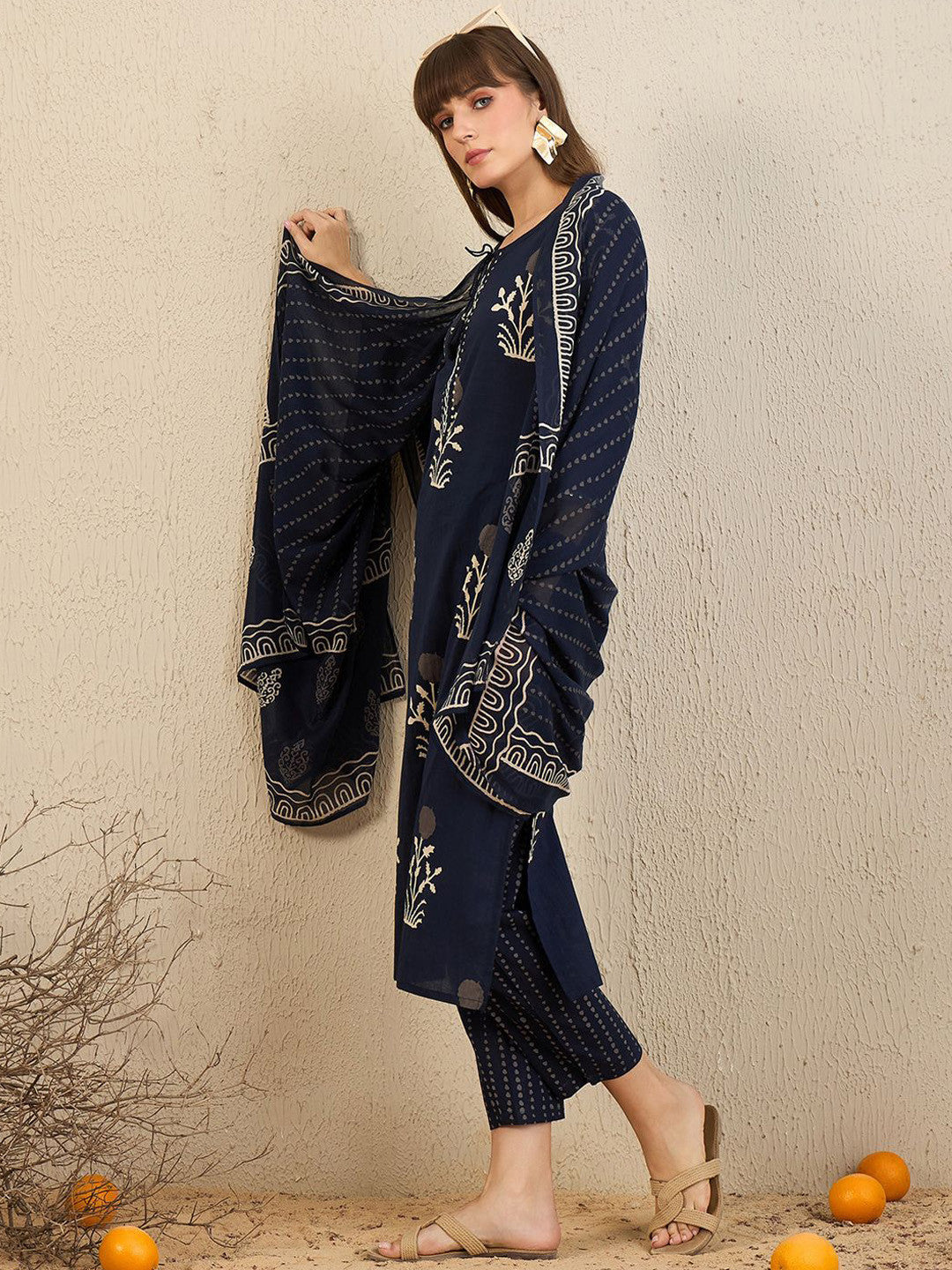 Floral Printed Pure Cotton Straight Kurta With Trousers & Dupatta