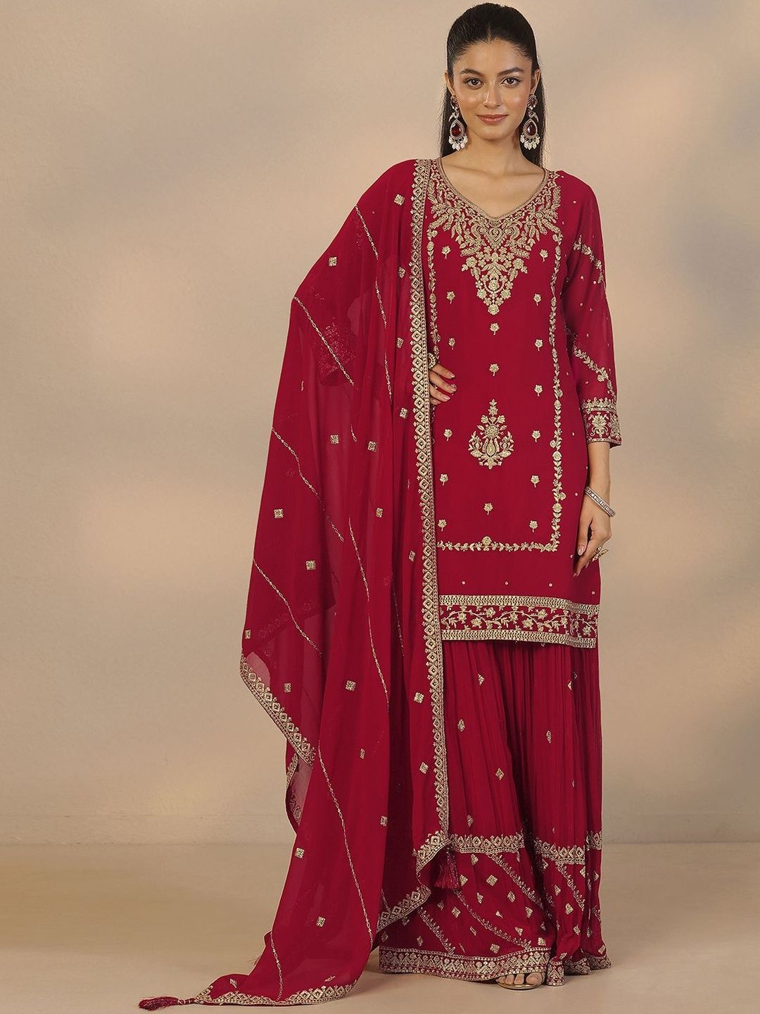 Dhiyona LL Women Ethnic Motifs Embroidered Regular Kurta with Sharara & With Dupatta
