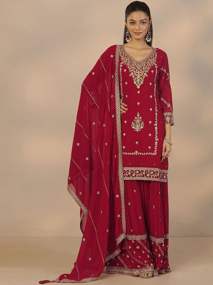 Dhiyona LL Women Ethnic Motifs Embroidered Regular Kurta with Sharara & With Dupatta