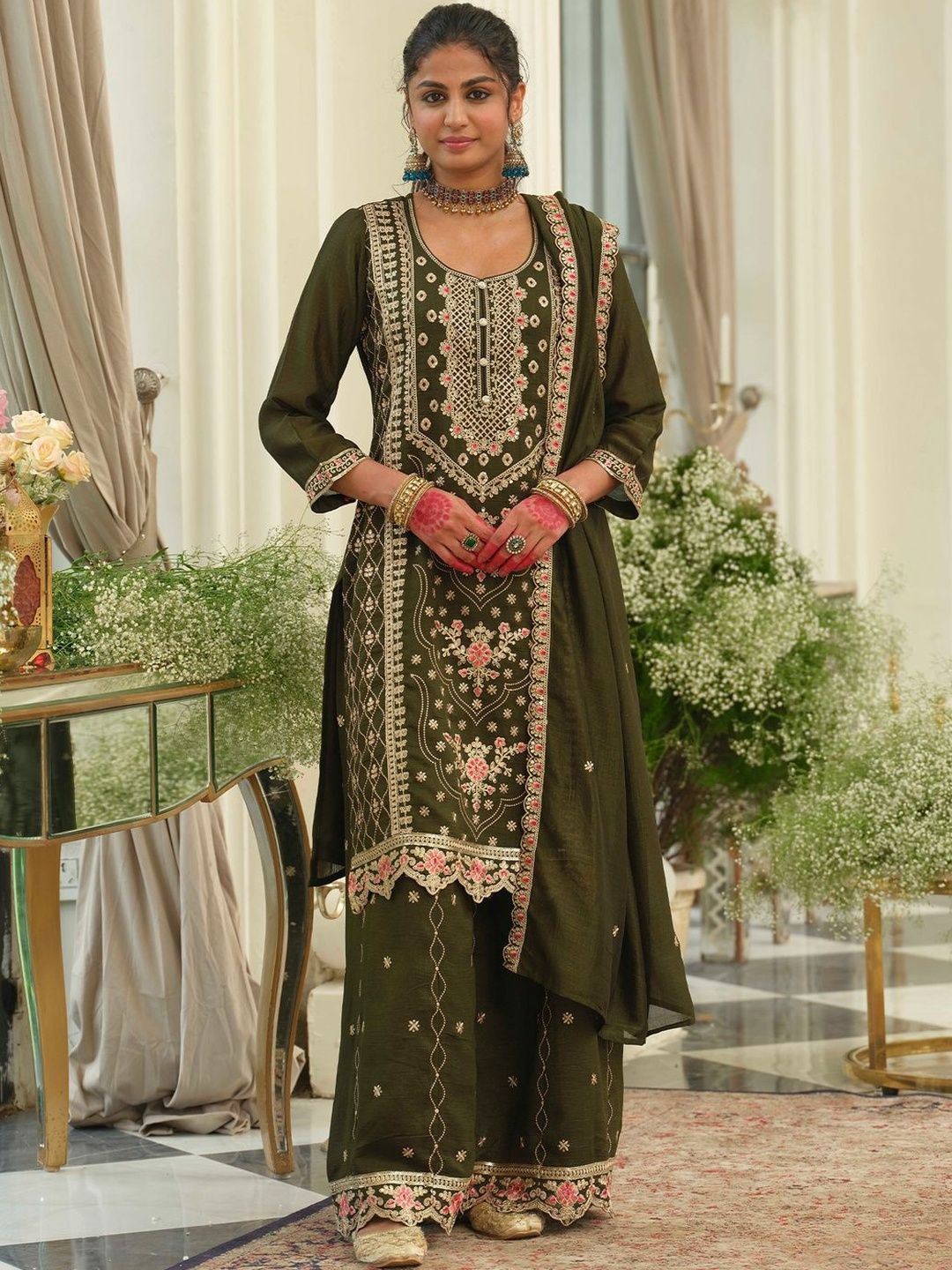 Dhiyona IE Women Ethnic Motifs Embroidered Regular Thread Work Kurta with Palazzos & With Dupatta