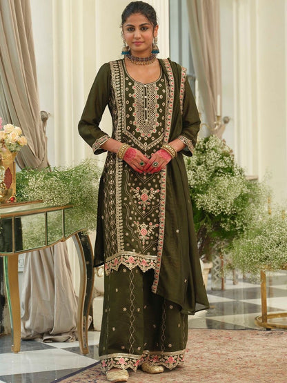 Dhiyona IE Women Ethnic Motifs Embroidered Regular Thread Work Kurta with Palazzos & With Dupatta