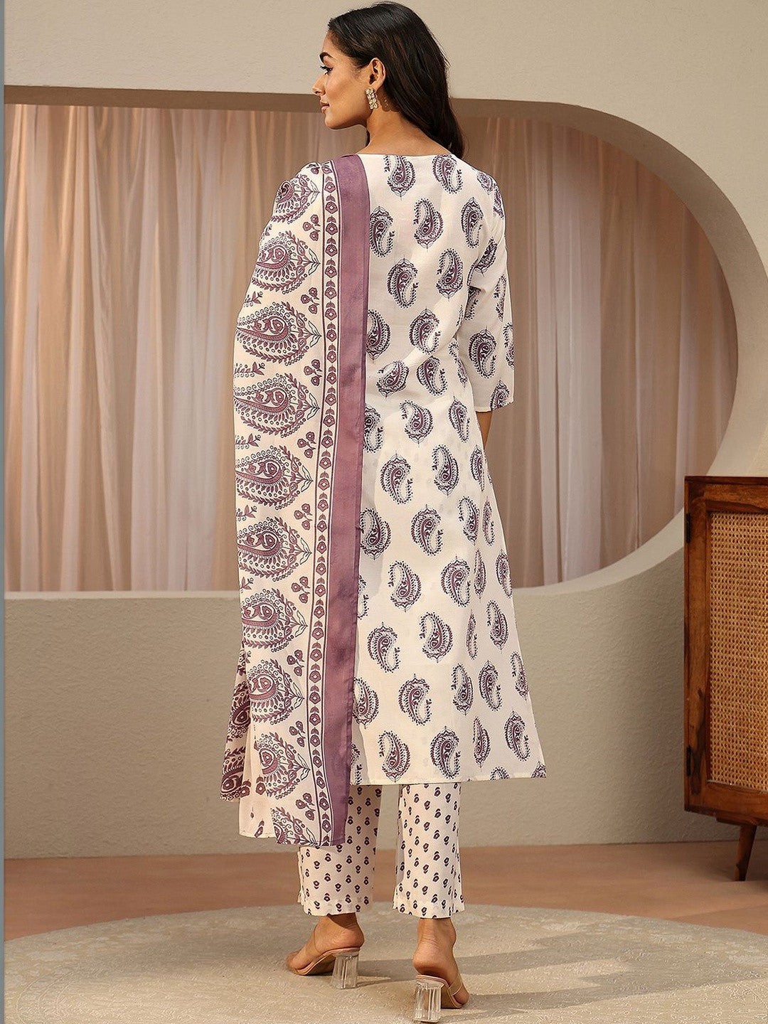 Off White Paisley Printed Cotton Blend Straight Suit Set