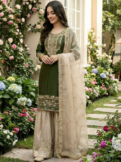 Dhiyona KL Women Ethnic Motifs Embroidered Regular Thread Work Kurta with Sharara & With Dupatta