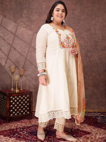 Dhiyona IN Women Floral Embroidered Thread Work Anarkali Kurta with Trousers & Dupatta