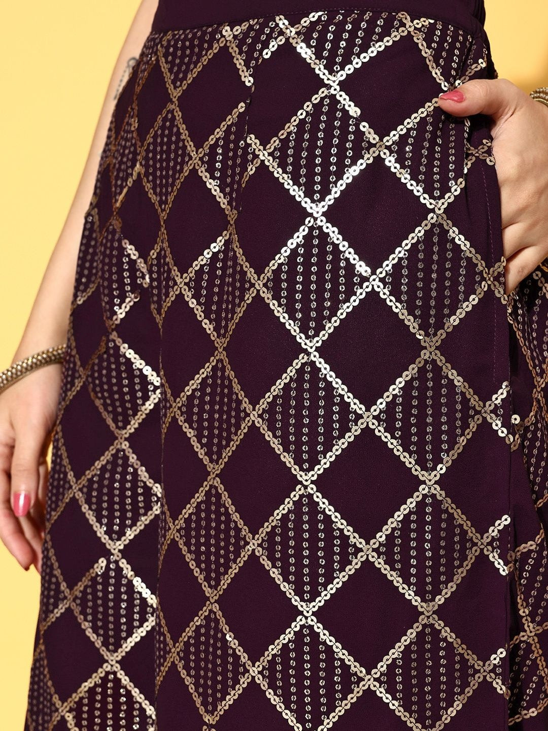 Women Geometric Sequinned Georgette Straight Kurta With Sharara & Dupatta