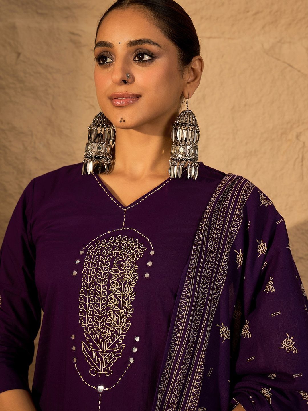 Floral Embroidered Mirror Work Pure Cotton Kurta With Trousers & Dupatta