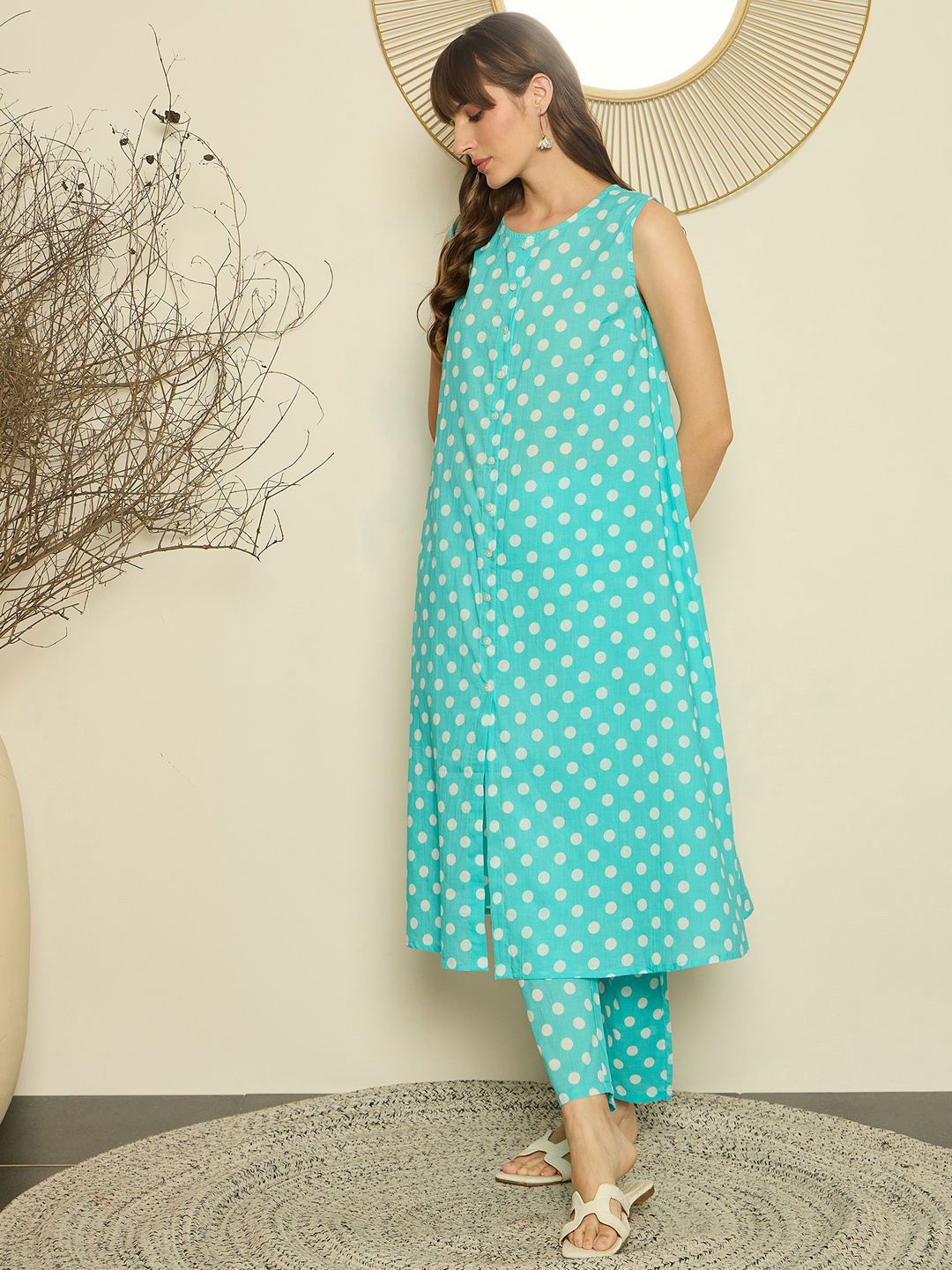 Dhiyona IE Women Printed Round Neck Cotton Tunic and Trousers Co-Ords
