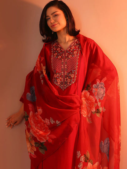 Women Woven Design Embroidered Kurta with Trousers & Dupatta