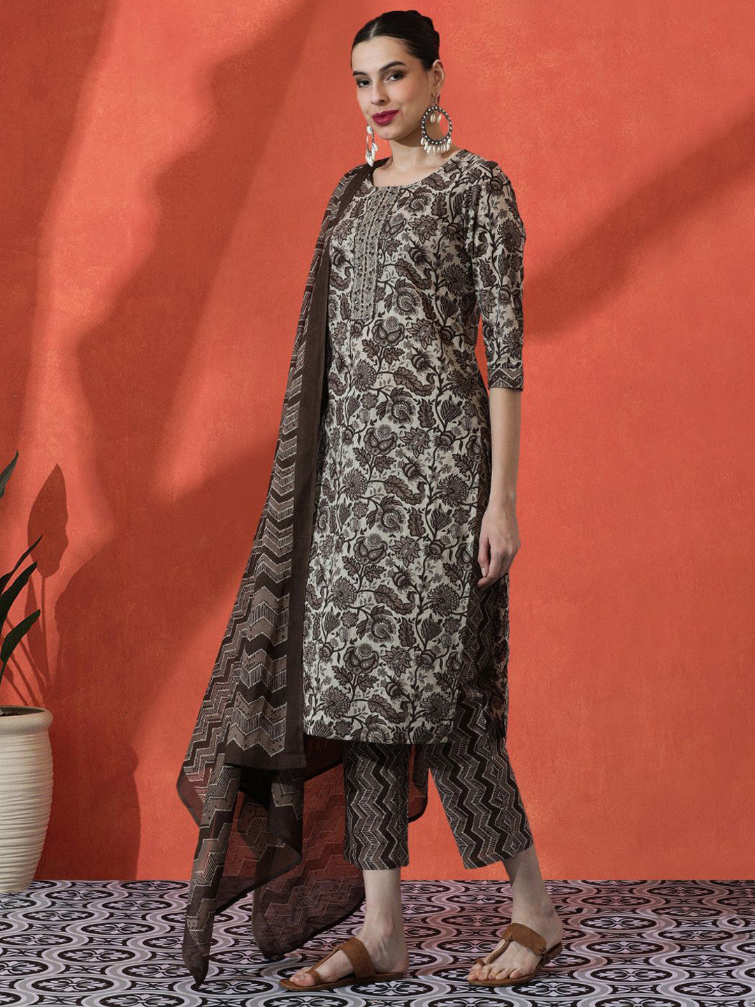 Floral Embroidered Straight Pure Cotton Kurta With Trousers & Dupatta