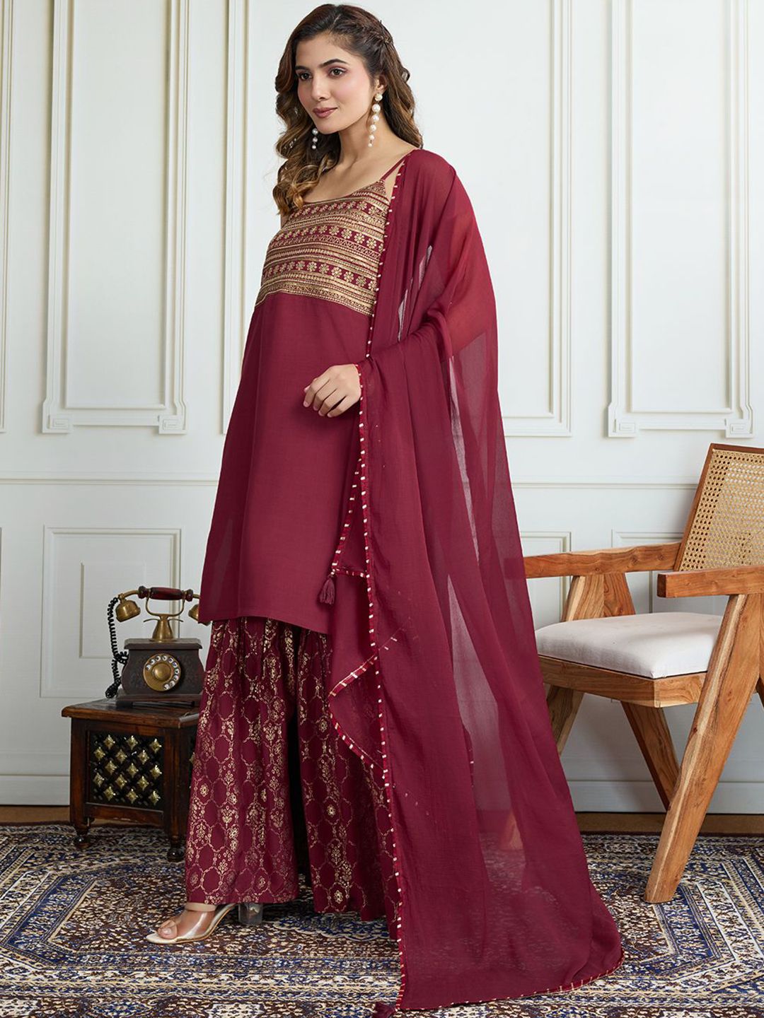 Dhiyona HOP Women Floral Embroidered Kurta with Sharara & Dupatta