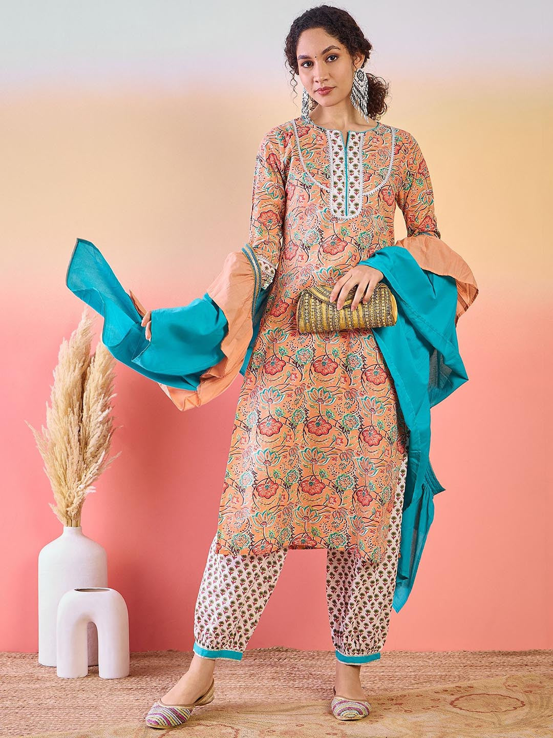 Floral Printed Gotta Patti Pure Cotton Kurta With Afgani Pant And Ruffled Dupatta