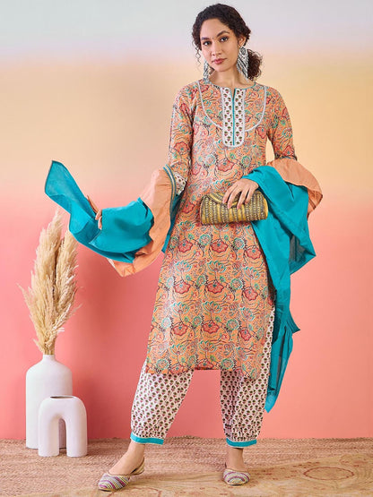 Floral Printed Gotta Patti Pure Cotton Kurta With Afgani Pant And Ruffled Dupatta