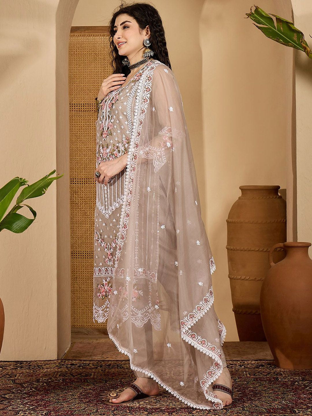 Embroidered Kurta With Trousers & Embroidered Dupatta