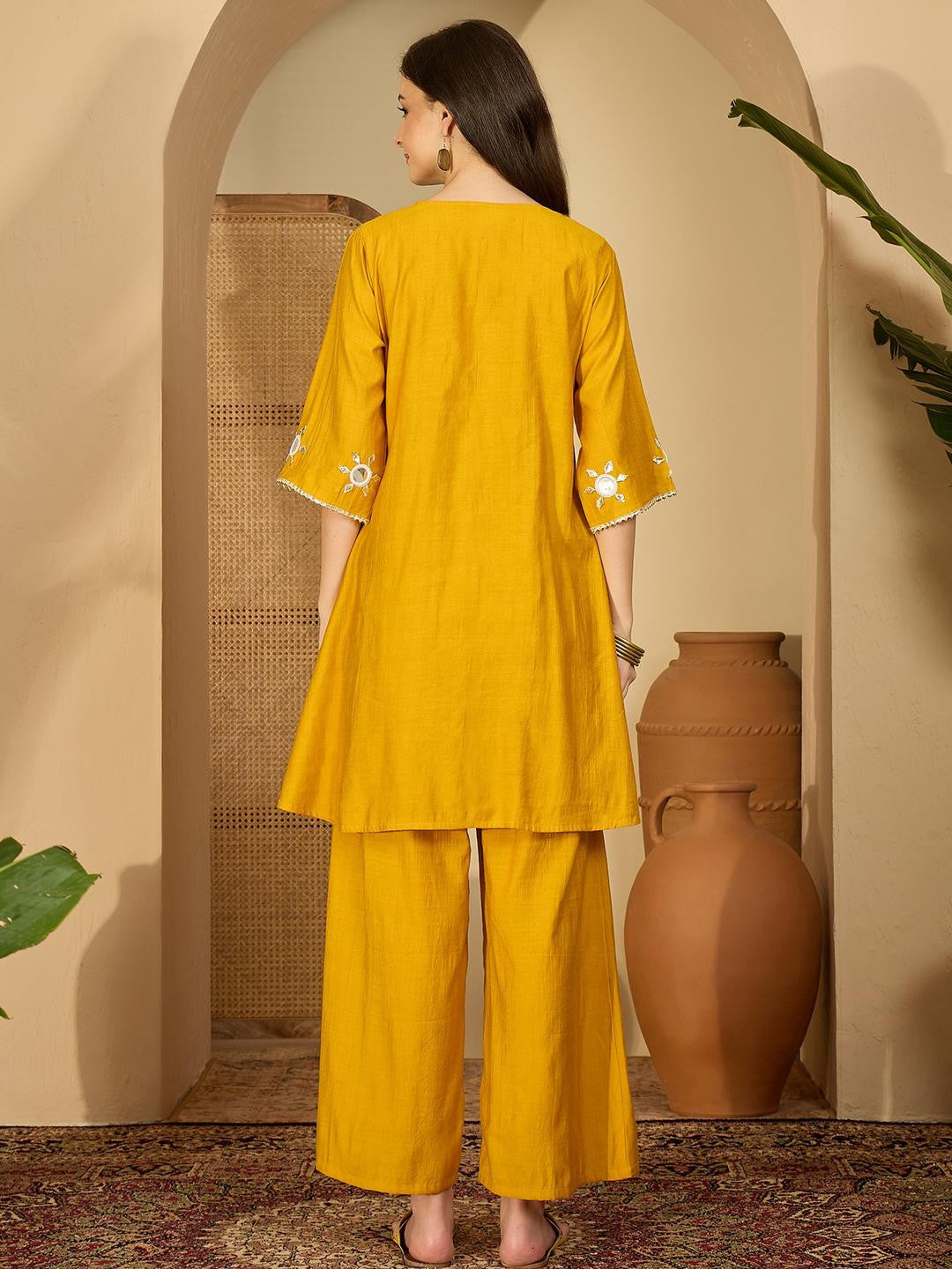Women Floral Embroidered Regular Mirror Work Kurta with Palazzos