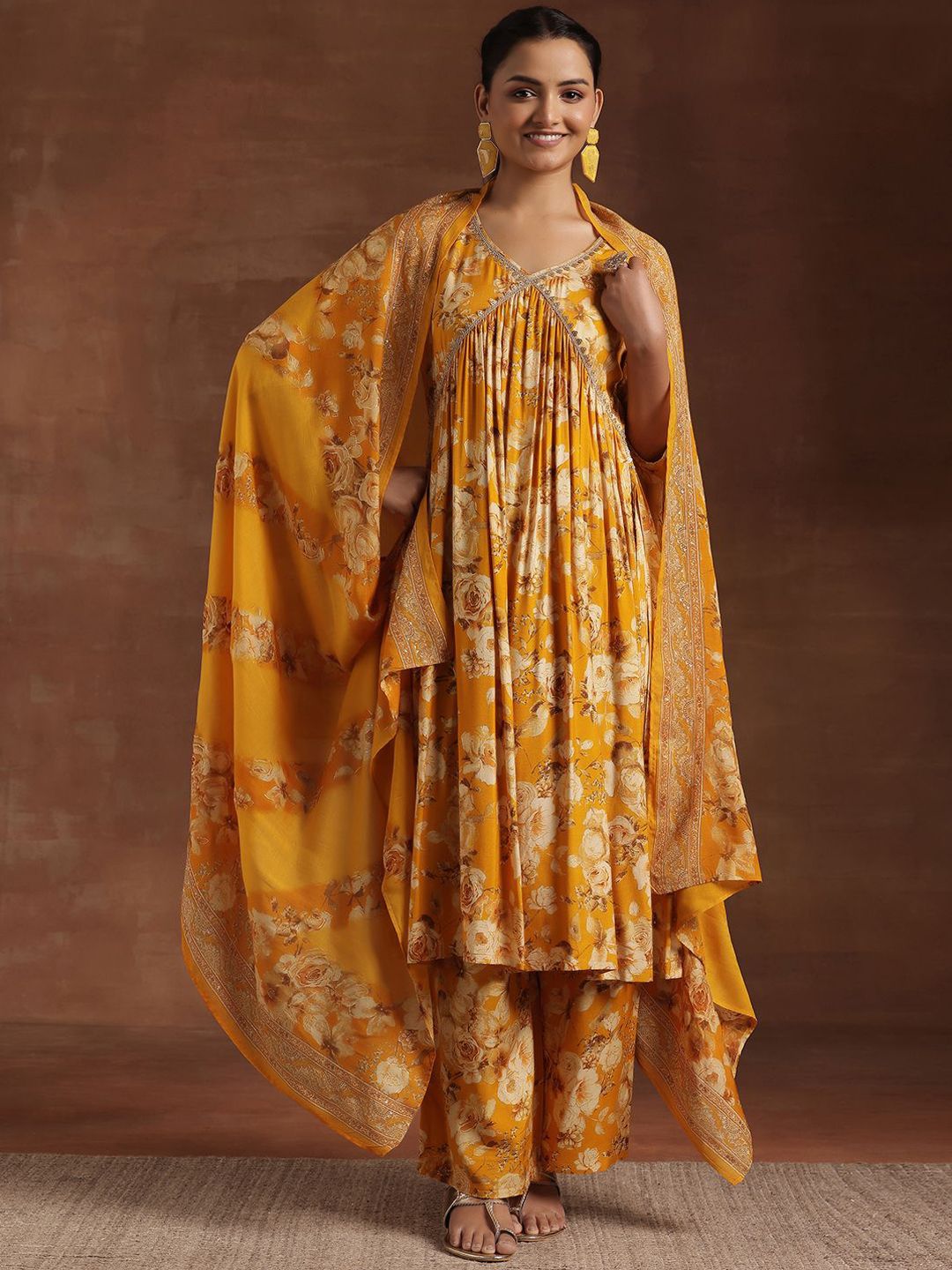 Dhiyona LL Floral Printed Empire Sequinned A-Line Kurta With Palazzo & Dupatta