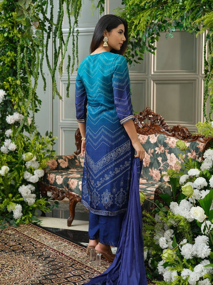 Geometric Printed Thread Work Straight Kurta with Trouser & Dupatta