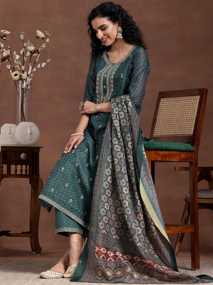 Women's LB Teal Printed Silk Blend Straight Suit With Dupatta