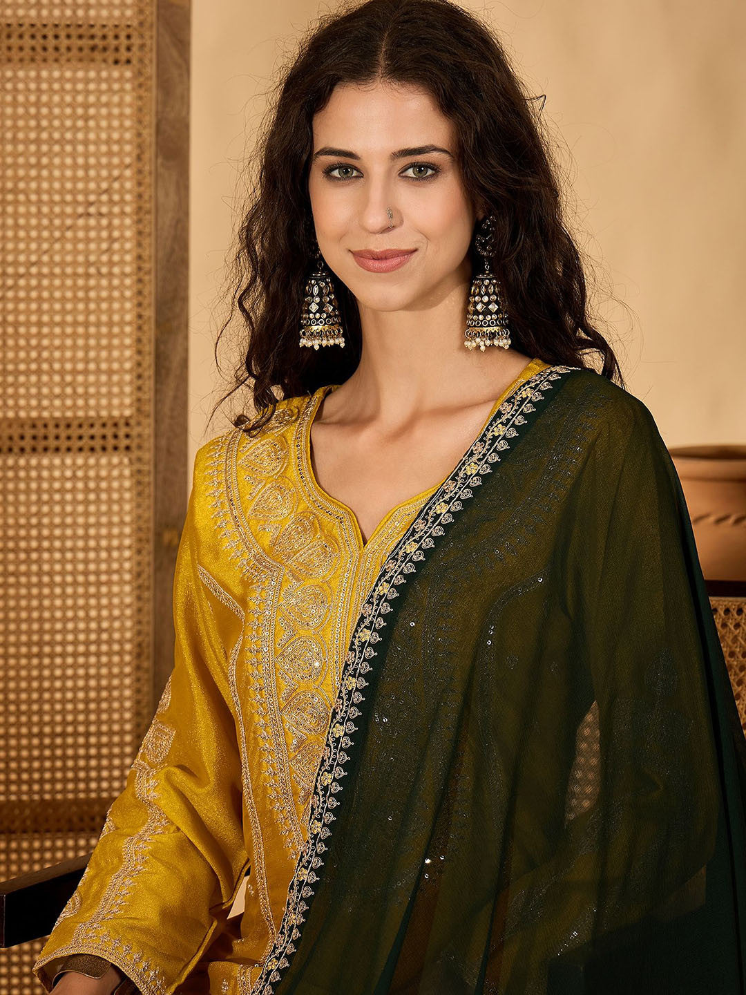 Women Ethnic Motif Embroidered Sequinned Kurta With Trousers & Dupatta