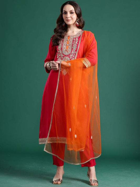 Ethnic Motifs Embroidered Zari Regular Kurta With Trouser And Dupatta