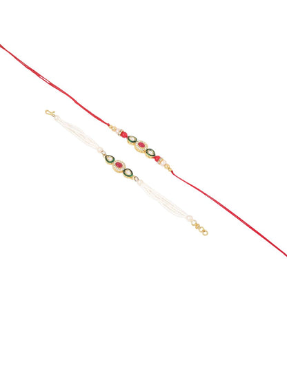 Dhiyona Pack Of 2 Kundan Studded Bhaiya Bhabhi Rakhi With Roli Chawal Chandan & Mishri
