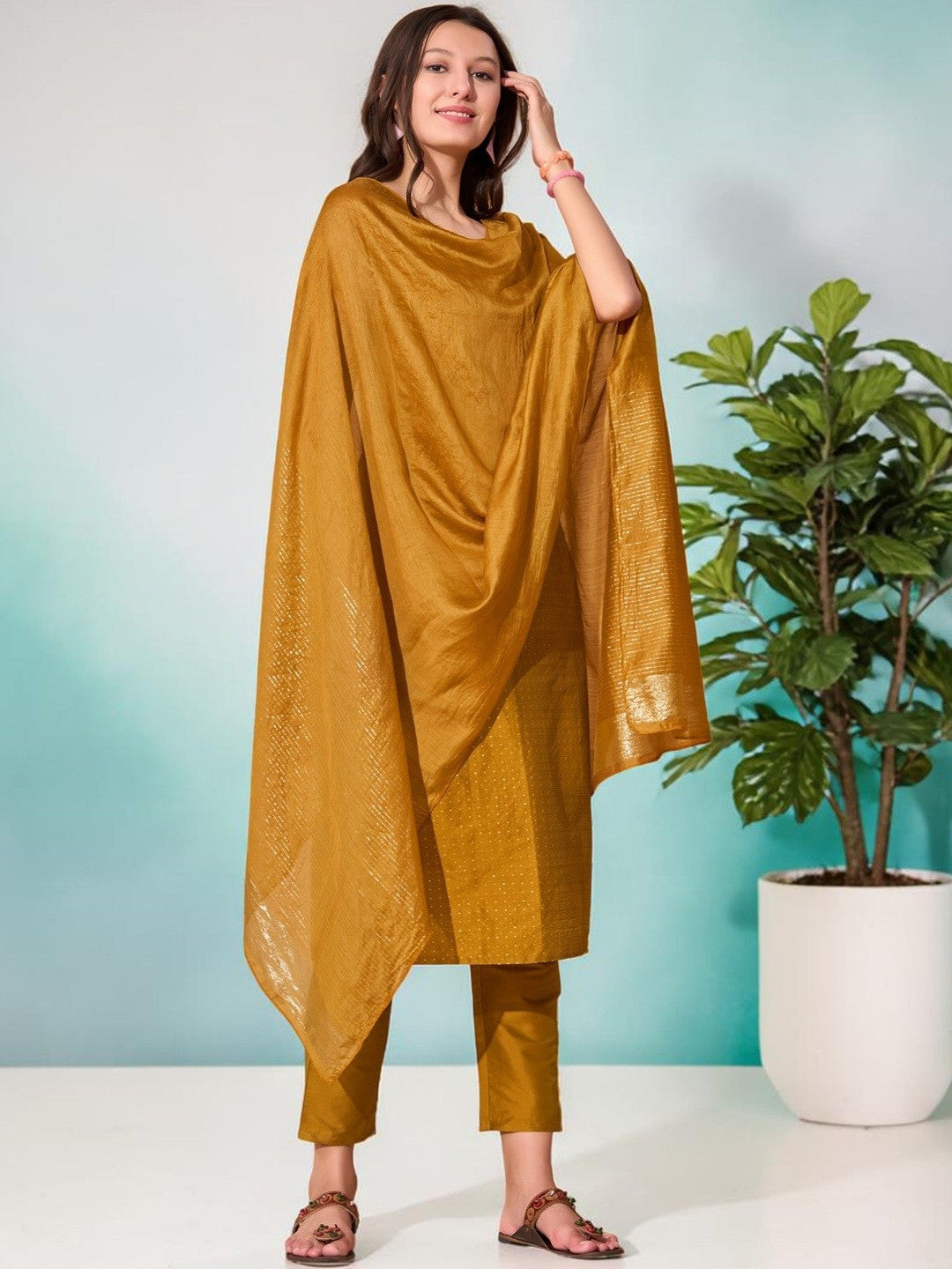 Woven Design Round Neck Kurta & Trousers With Dupatta