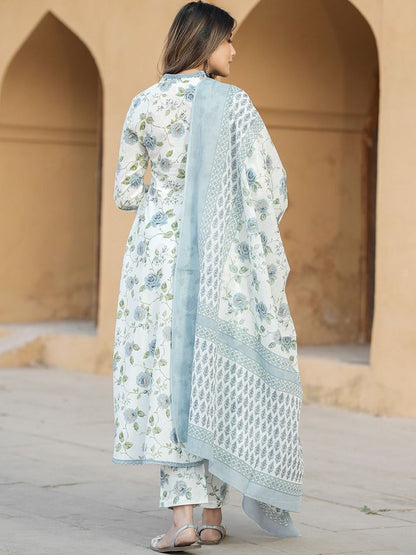 Dhiyona KL Floral Printed V-Neck Anarkali Pure Cotton Kurta With Trousers & Dupatta