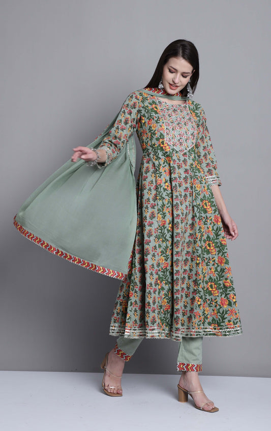 Dhiyona KL Floral Printed Regular Mirror Work Pure Cotton Kurta With Trousers & Dupatta