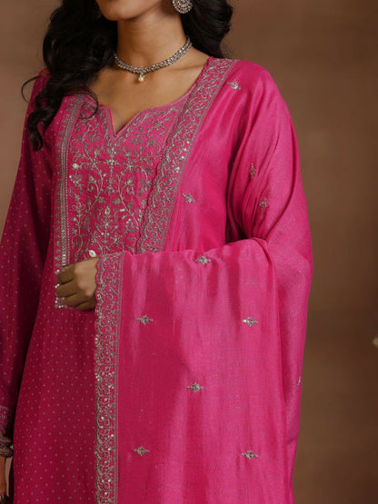 Women's LB Pink Printed Silk Blend Straight Suit With Dupatta