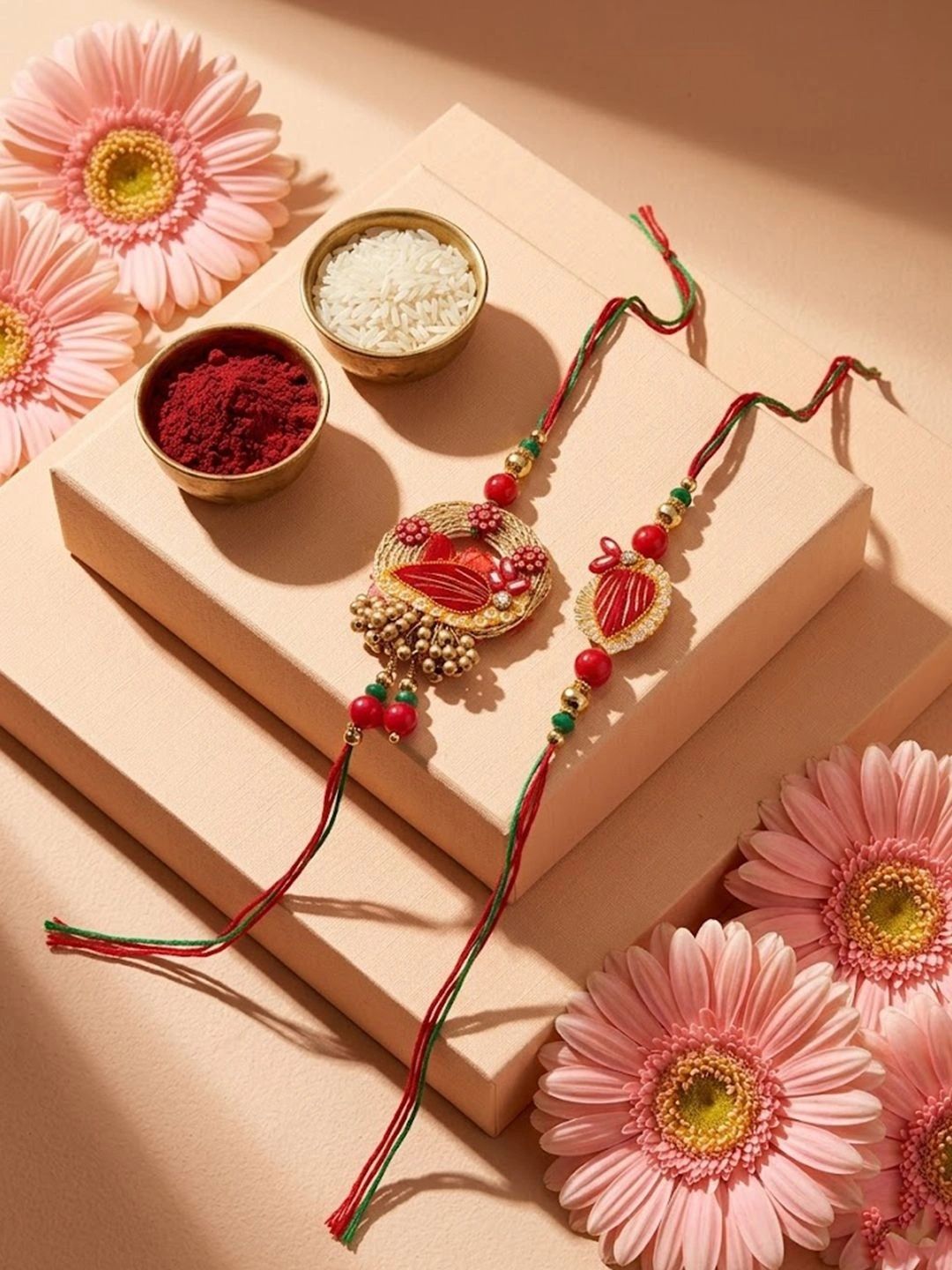 Dhiyona Set Of 2 Artificial Beads Bhaiya Bhabhi Rakhi With Roli Chawal Chandan Mishri