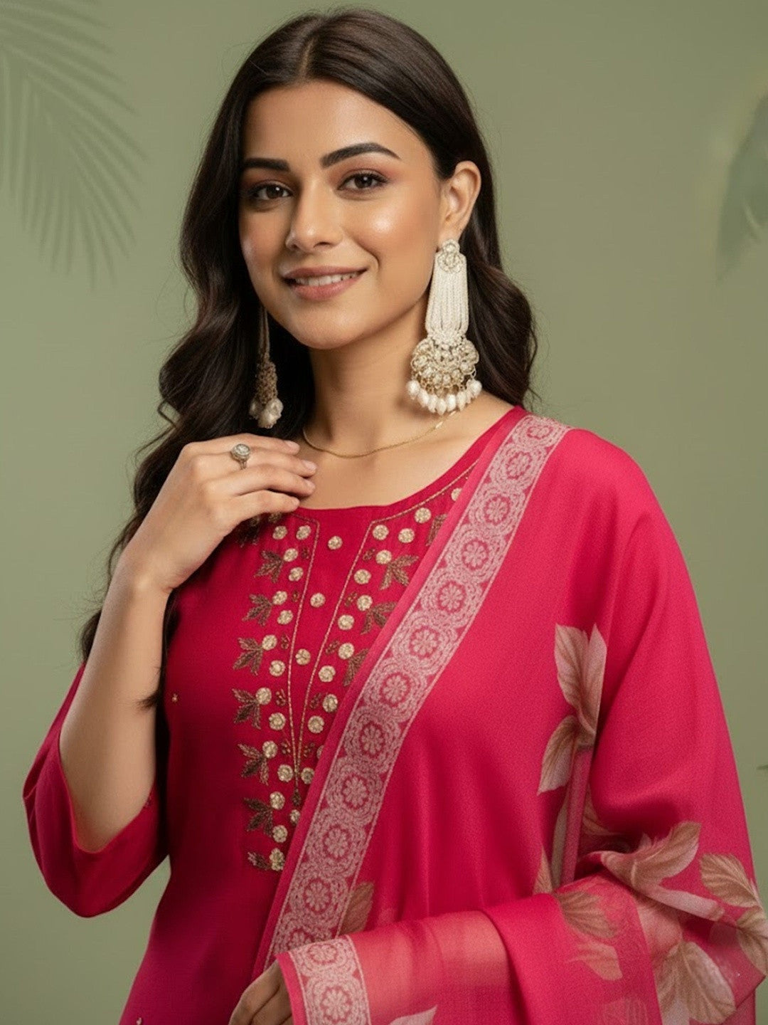 Embroidered Round Neck Kurta & Trousers With Dupatta