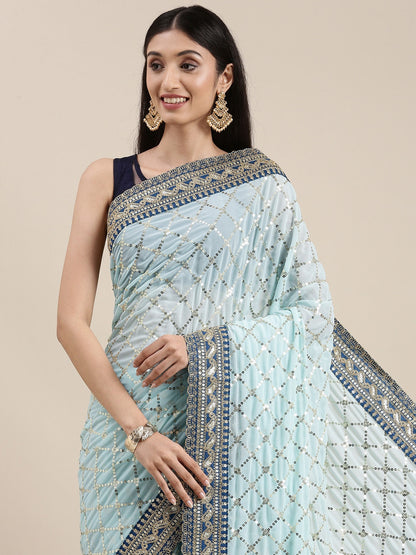 Dhiyona GR Women's Kaaveri Sea Green Heavy Georgette Sequence Embroidered Saree