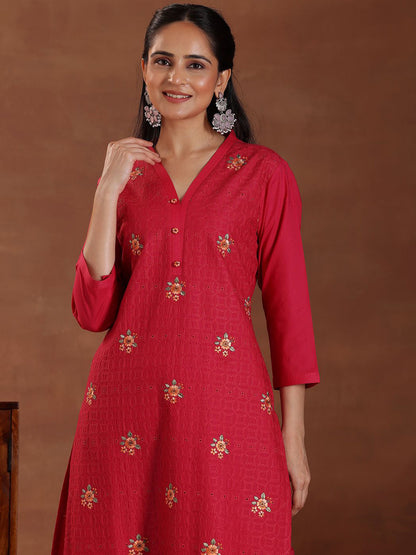Floral Embroidered Thread Work Pure Cotton Straight Kurta with Trousers & Dupatta