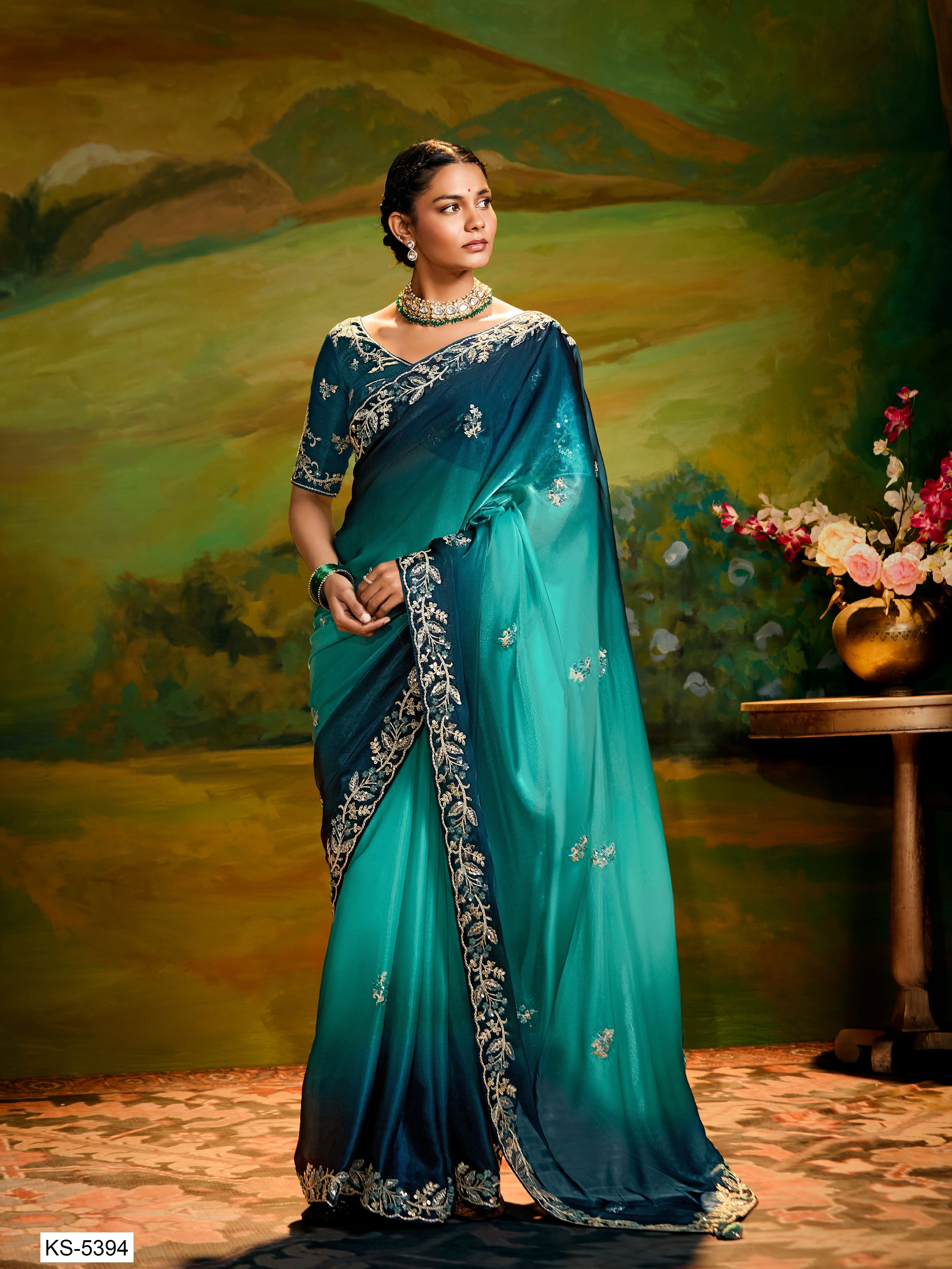 Dhiyona KM Women Peacock Grace: Dual Tone Saree With Zari & Sequin Embroidery
