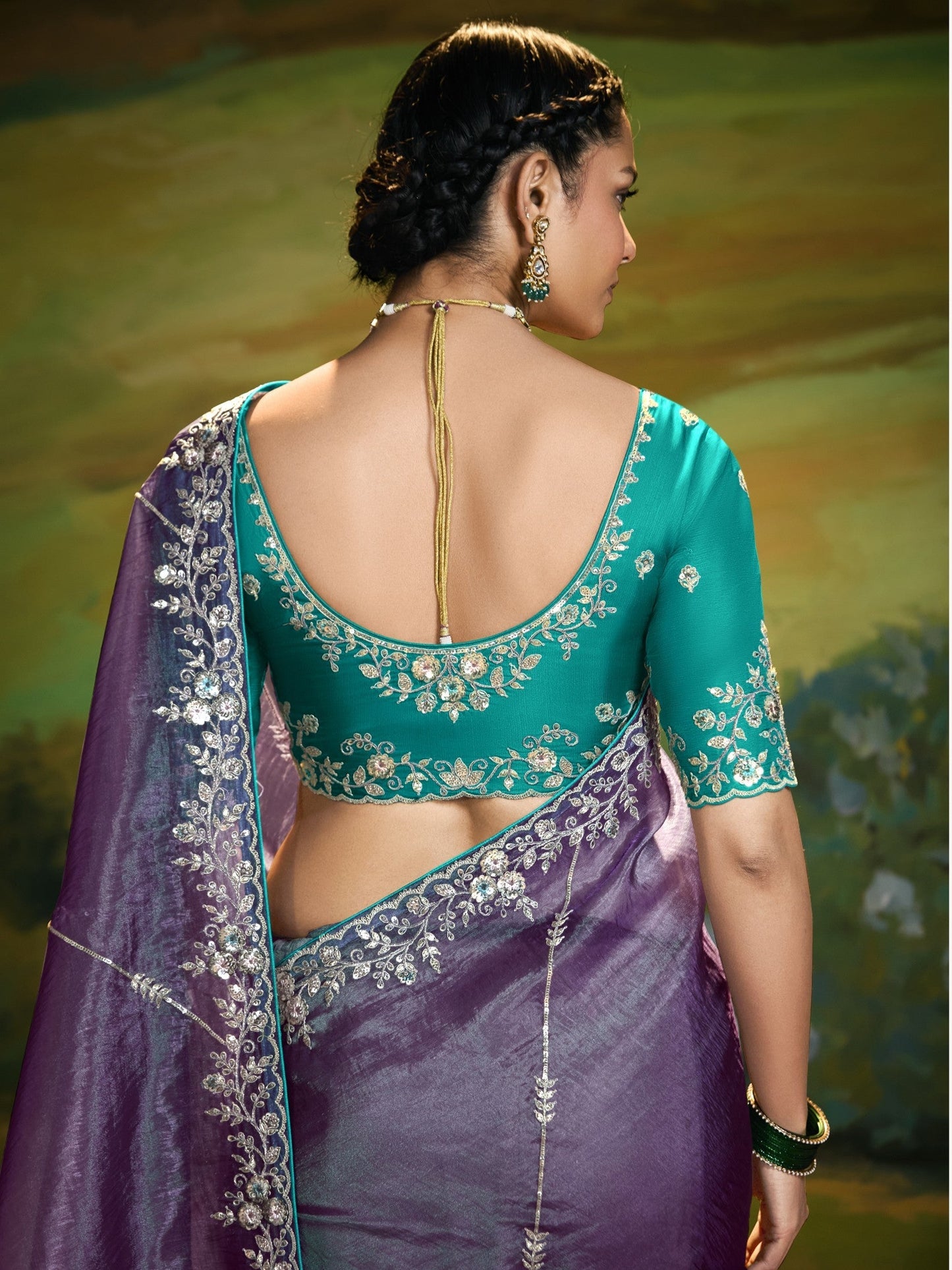 Dhiyona KM Women Lavender Organza Saree With Teal Blouse