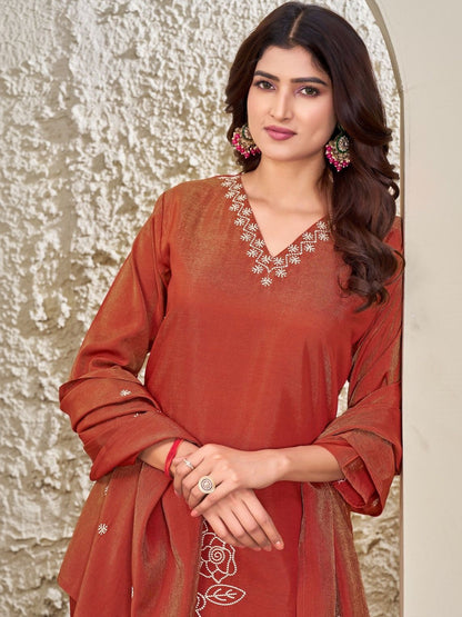 Embroidered V-Neck Kurti & Trousers With Dupatta