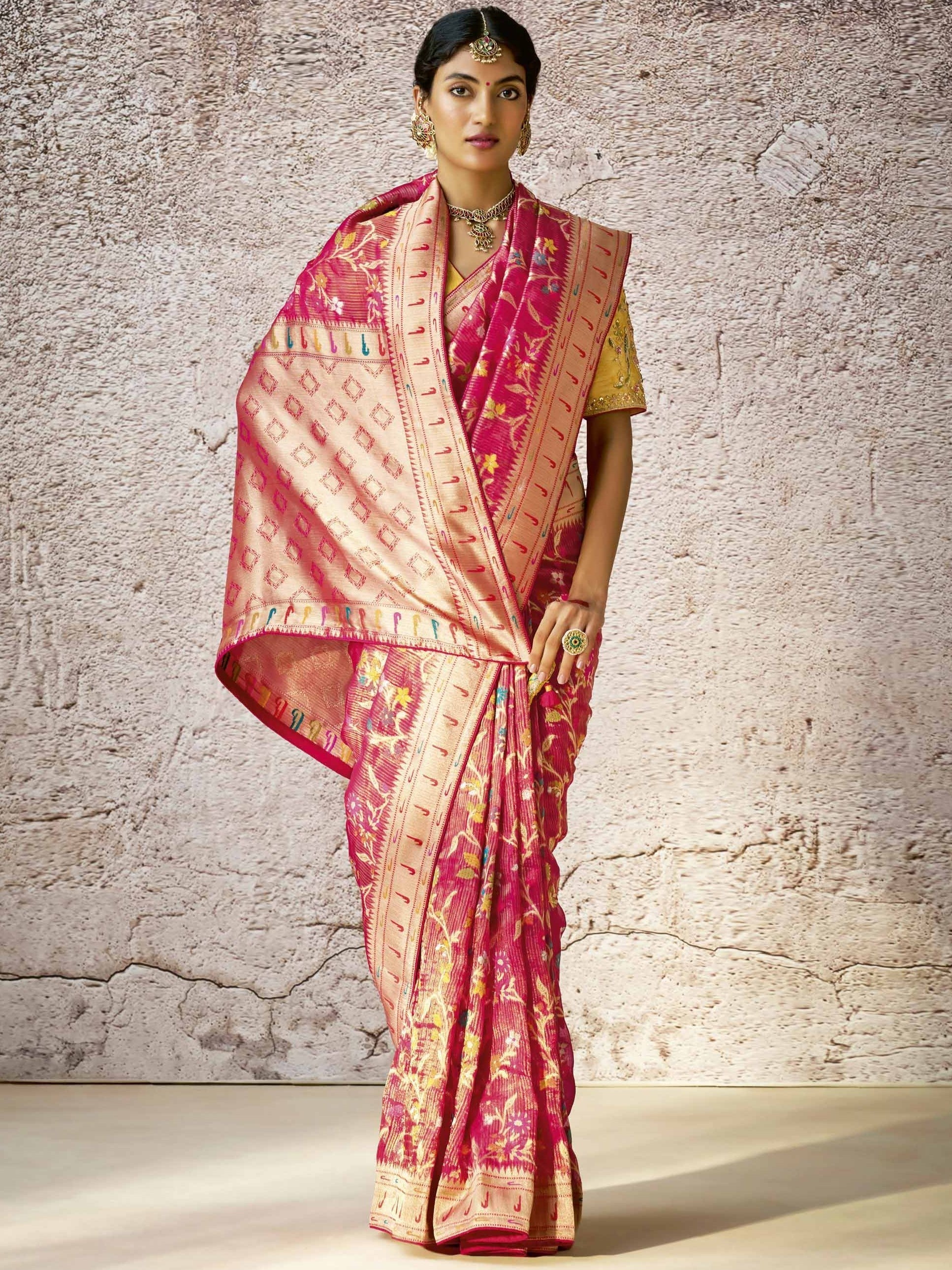 Dhiyona KM Women Classic Red Banarasi Silk Saree With Contrast Yellow Blouse
