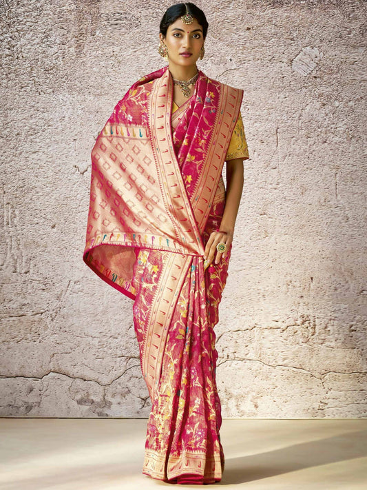 Dhiyona KM Women Classic Red Banarasi Silk Saree With Contrast Yellow Blouse